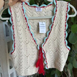 Cotton: On Tie Front Knit Vest in Contrast Crochet *Brand NEW w/ tags*